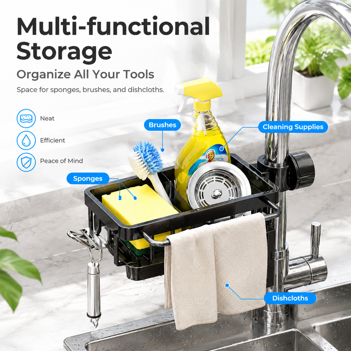 🧽 Faucet-Mounted Sink Caddy with Removable Drip Tray